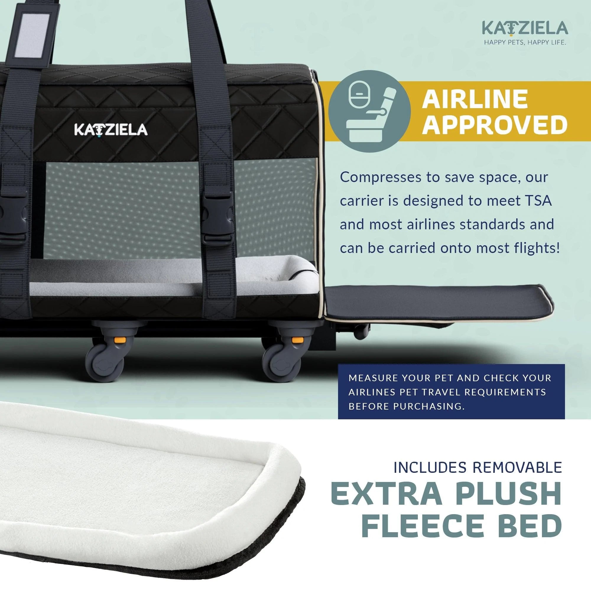 Katziela Rolling Pet Carrier Airline Approved - Pet Carrier with